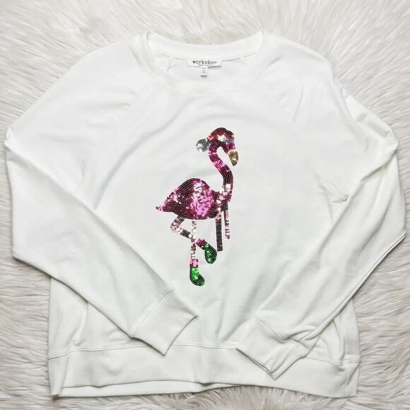 Workshop Sequin Flamingo Long sleeve Sweatshirt White Pink Size Medium - Picture 1 of 3